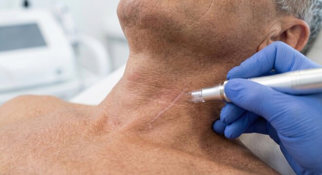 Microneedling treatment for scar on man's neck