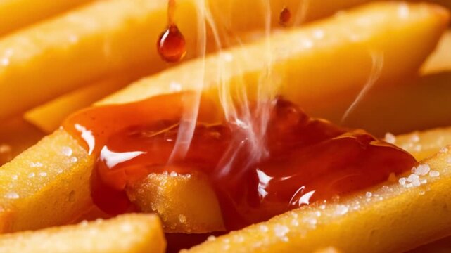 Close-up of golden french fries with salt, drizzled with thick ketchup and steam rising
