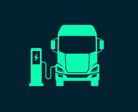 Electric truck connected to charging station. Editable vector illustration.