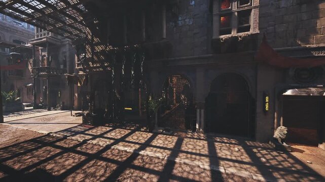 Sunlit market alley with patterned shadows, cobblestone lane, timber beams and dappled light on facades atmosphere invites street photography, small vendor