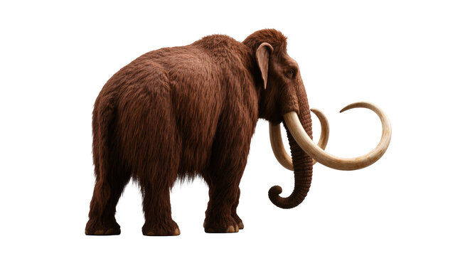 Powerful prehistoric woolly mammoth with its distinctive shaggy fur and impressive curved tusks