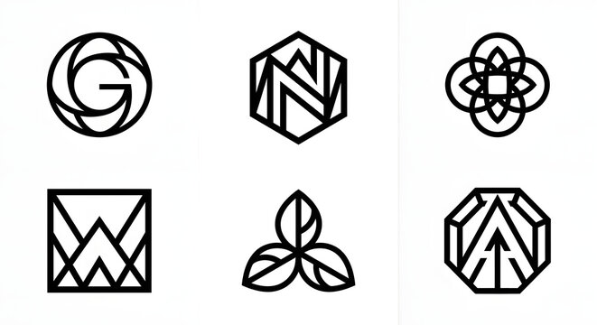 A collection of six minimalist line art logos featuring abstract shapes, geometric designs, and stylized letters, presented on a clean white background.