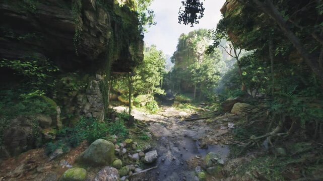 Hidden sunlit gorge with exposed rock layers and scattered rubble, geologist mapping scene for field survey and sample collection, bright shaft of light