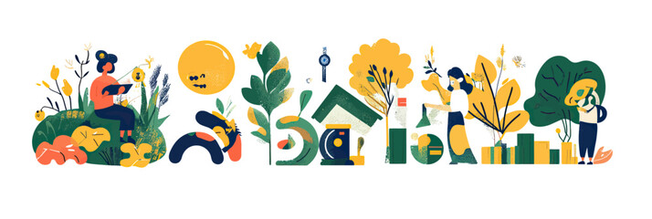Naklejka premium Sustainable lifestyle illustration with people gardening planting trees harvesting fruits and eco friendly home surrounded by green foliage in flat minimalist style