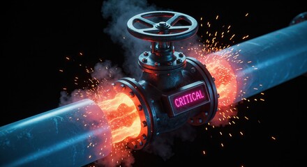 Industrial pipe valve with critical failure warning. Glowing sparks and steam escaping from high pressure system. Emergency situation in a power plant or data center. Overheating hardware concept