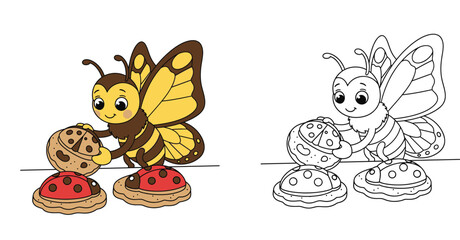 Obraz premium Cute Butterfly Baking Cookies - Adorable Cartoon Character with Ladybug and Cookie Designs