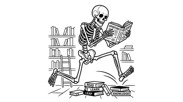 funny skeleton reading book, cartoon skeleton illustration, black and white line art, educational humor, bookworm character