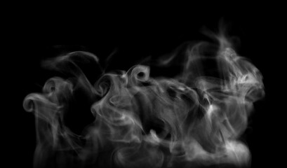 Fototapeta premium Abstract white smoke swirling on black background, soft flowing vapor texture with dynamic curves misty motion, ideal for dark backdrop design, mystery concept, atmospheric effect creative composition