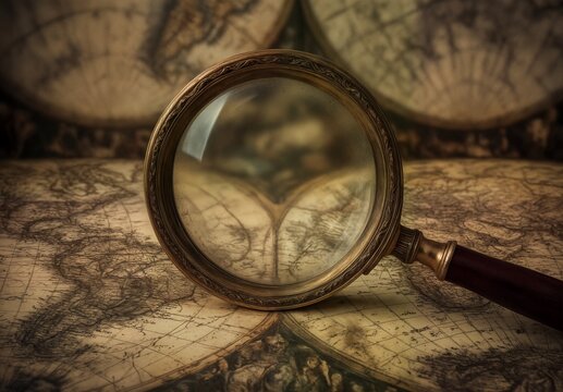 vintage magnifying glass over antique maps for exploration and discovery concepts.