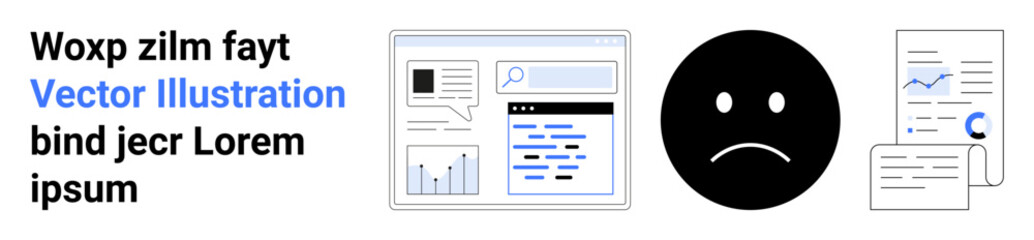 Fototapeta premium Analytics, user experience, data communication, search engine navigation, online feedback, document processing. Sad face, text charts and search interface feedback and analytics concepts. Analytics