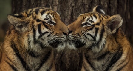 Obraz premium adorable sumatran tiger cubs nuzzle noses in a tender moment.