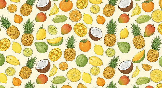 Seamless pattern of tropical fruits. Pineapples, mangoes, coconuts, citrus slices in bright hand drawn doodle style, clean summer background, no text, fresh vector illustration.