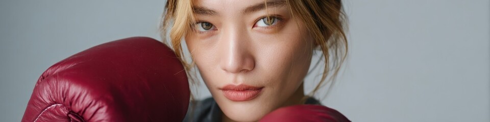 Fototapeta premium Young asian female boxer with maroon glove at foreground close up intense stare focus on face and glove fitness portrait studio lighting