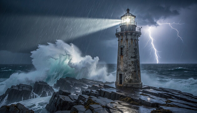 A powerful lighthouse bravely illuminates a raging storm, its beam piercing rain as immense waves crash against coastal rocks, with dramatic lightning electrifying the dark sky