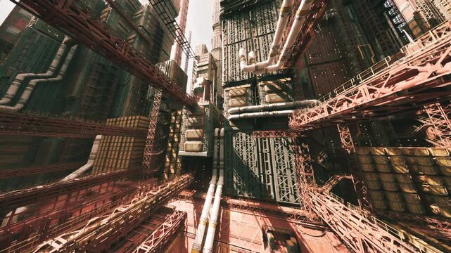 abandoned industrial canyon bathed in sunset glow, silent pipes and corroded platforms, scattered debris and melancholic light conveying decay and forgotten