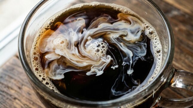 Macro shot of hot coffee with cream swirling and creating abstract patterns in a clear mug on a wooden surface with soft natural light