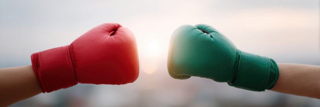 Red and green boxing gloves touching with sunrise between them adult male and adult female hands meeting at dawn to represent competition and unity