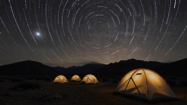 Star Trails Rotate Above Glowing Camping Tents in Desert Mountains at Night for Travel and Adventure Background