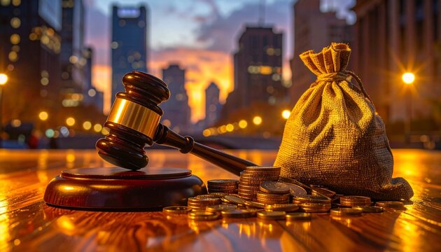 The Gavel and Money Bag Representing Legal Judgment Over Financial Matters sack