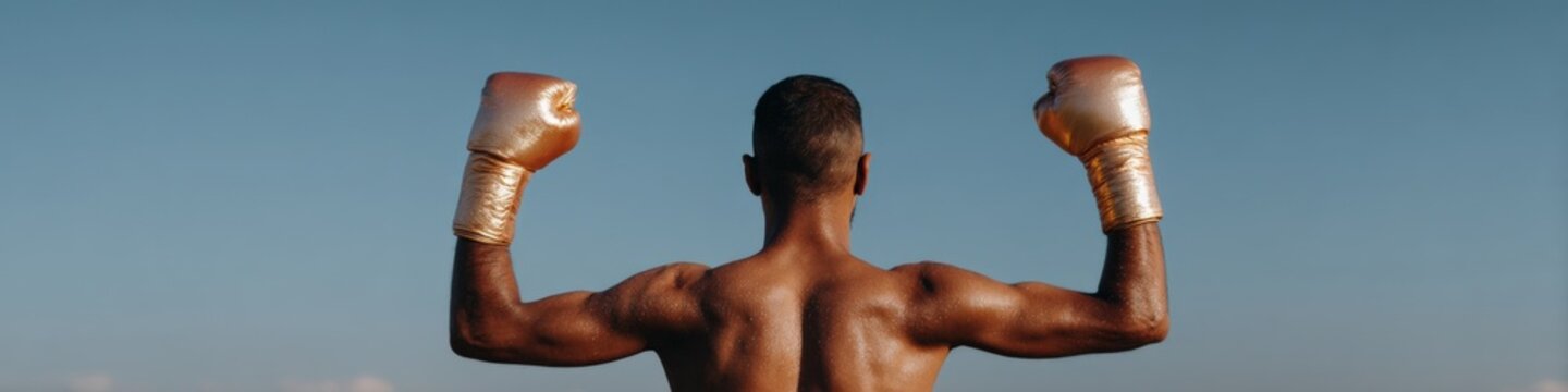 Male african young boxer back view with raised arms wearing gold gloves and bare torso against sky background