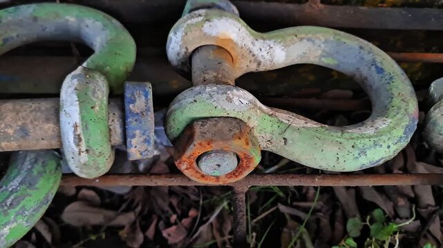 Industrial Strength Close Up of Heavy-Duty Rusty Green Steel Shackles
