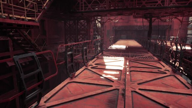 wide maintenance bridge with solid plates and grated sections, heavyduty railings, access ladders, dim industrial glow, technical inspection potential, service