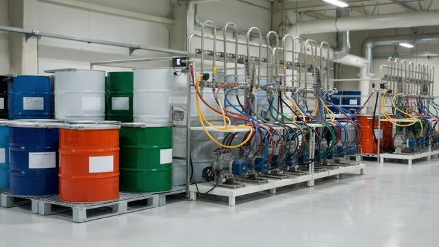 Medium shot of a streamlined flexographic ink kitchen layout showcasing organized labeled drums pumps and hoses in a spacious modern printing facility.