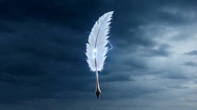 A feather illuminated by lightning symbolizes creativity and inspiration amidst a stormy backdrop.