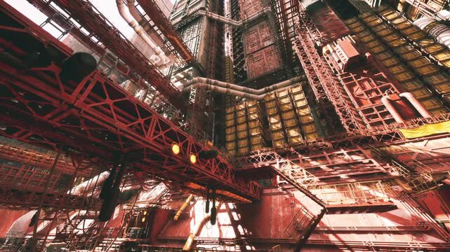 intricate interior maze of red girders and catwalks, layered platforms and staircases create complex visual rhythm, sharp textures and warm tones emphasize