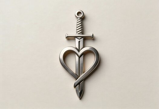 A silver metal sword piercing an intertwined heart symbol. Flat lay composition representing love, conflict, and truth. Tarot-inspired icon with copy space