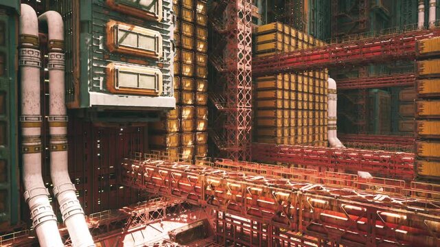 Compact orbital module service deck with modular panels, vertical piping, control cabinets, cozy corridor feel, inspection ports and repair access points