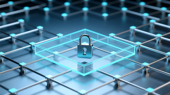 Protecting digital networks conceptual 3D render illustrating advanced quantum cybersecurity with cryptographic padlock on intricate metallic grid forming abstract design