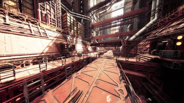 empty cargo walkway lined with stacked crates and pallets, industrial platform with rails and storage zones, echoing warehouse ambience, logistics drone route