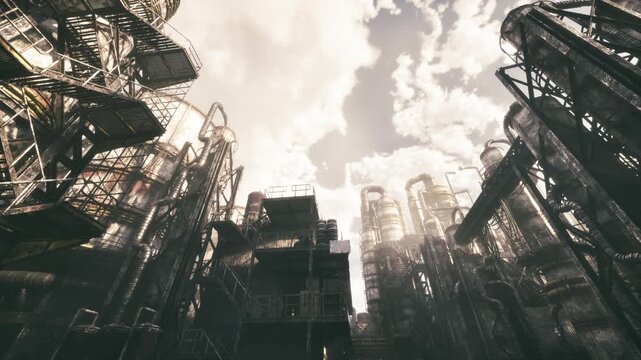 Backlit steel towers create bold silhouettes against dramatic sky, layered platforms and piping form dynamic geometry, warm rim light outlines complex