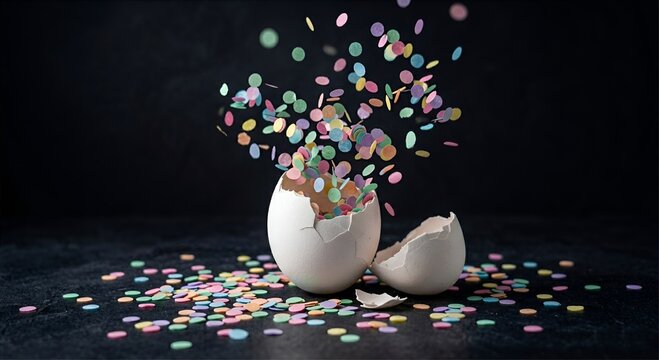 &Eacute;closion cr&eacute;ative et joyeuse avec jet de confettis color&eacute;s pour c&eacute;l&eacute;bration de P&acirc;ques, anniversaire ou annonce de message de f&ecirc;te