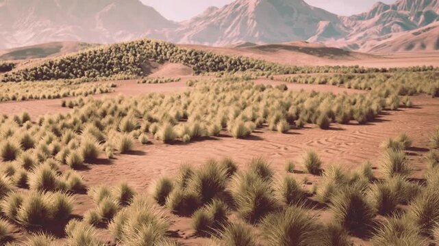 Textured foothills with scattered bushes and stony flats, warm light reveals soil patterns and windsculpted vegetation, closetomid distance composition