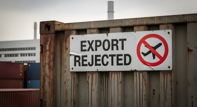 Export rejected message on rusty container, a sign of trade restrictions and obstacles for the concept of trade and global economic downturn.