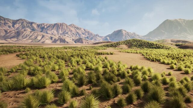 aerial view of planted shrubs in arid landscape showing rows of young vegetation against rocky mountains and clear sky, warm sunlight highlighting sandy soil