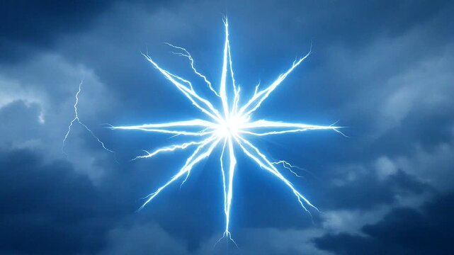 Electric starburst pattern of lightning flashes against a dramatic cloudy sky in a surreal night scene.