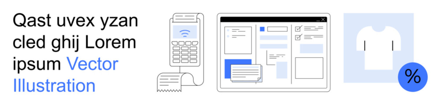 E-commerce, online stores, digital purchases, retail technology, website design, shopping UX. Payment terminal, webpage layout clothing icon with percentage. E-commerce and online stores concept