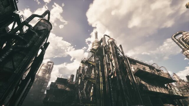 Backlit industrial cathedral of towering pipes and rusted towers, sunlight slicing through cloud banks and reflecting off metal surfaces imposing walkways