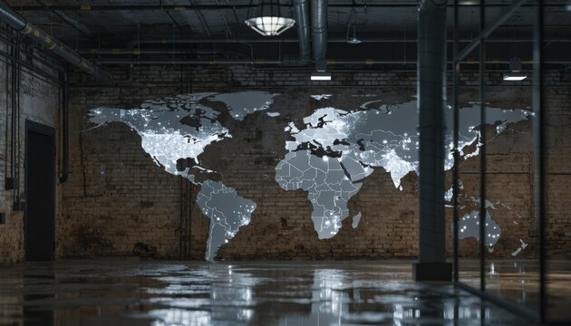 Medium shot showing a global map projected on a wall with healthcare investment points in focus and the surrounding area deliberately out of focus.