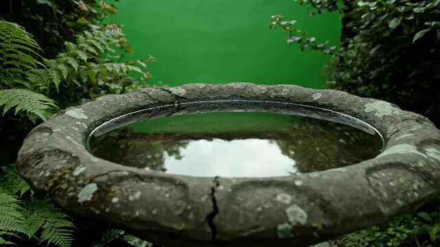 Stone bird bath in a lush garden against a green screen backdrop