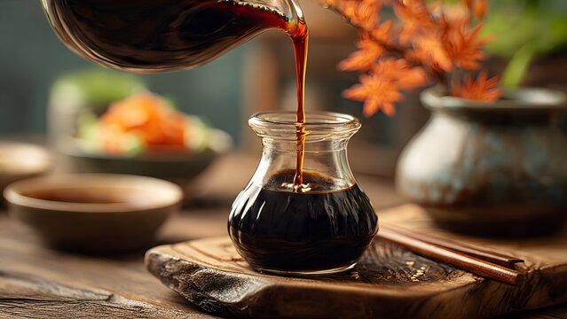 Pouring Soy Sauce into a Small Bottle on a Wooden Table, Asian Cuisine
