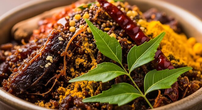 A close-up of a bowl filled with a spicy Indian pickle or chutney, garnished with curry leaves and whole red chilies.
