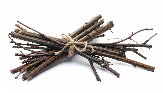 Bundle of twigs tied with twine on a white background