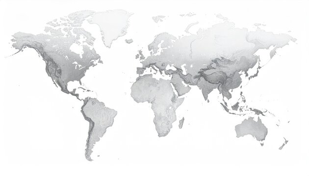 World map, gray scale, raised relief terrain
