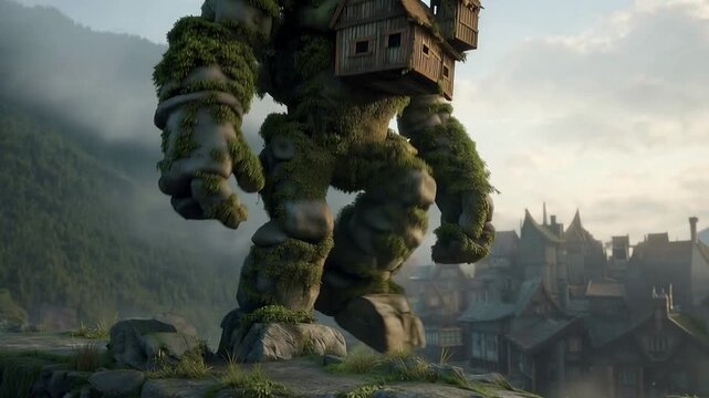 Enormous moss-covered stone golem transporting a charming village on its shoulders while walking through a mystical fog-laden fantasy landscape.