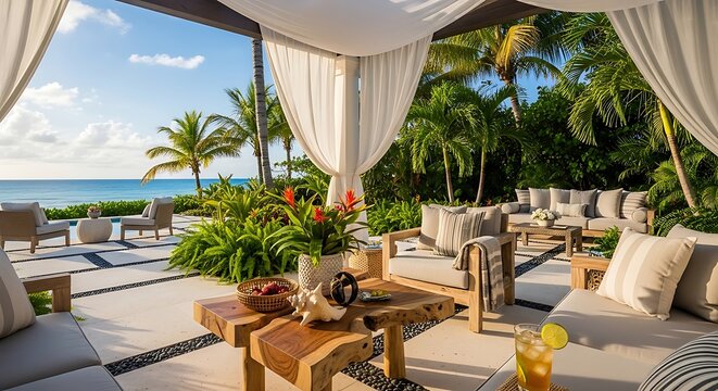Luxurious outdoor patio with comfortable seating, tropical plants, palm trees, and ocean view under a bright blue sky, featuring white draped curtains.