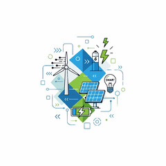 Fototapeta premium Sustainable technology concept illustrates renewable energy with solar panels and wind turbines.